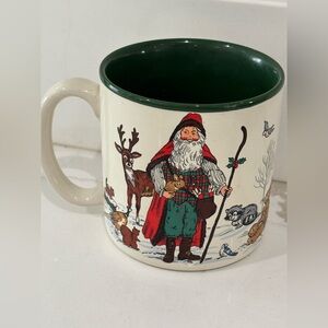 Vintage 90s Woodland Santa Claus Mug with Green Interior Christmas Cup